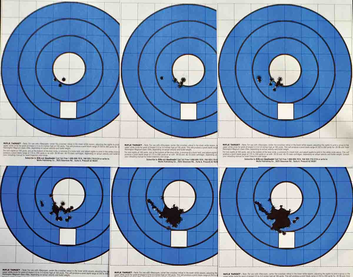 These six groups, beginning with three shots and ending with 75, were fired with the Shaw Mk. VII VS. The sequence followed about what Terry expected, delivering an excellent three-shot group and then gradually expanding. Notice that about one shot in five was a flyer out to the left.
